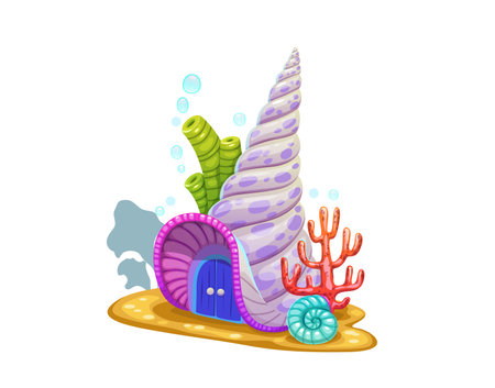 Underwater cartoon sea shell house building. Fairy home marine landscape or scene, fantasy creature dwelling, coral reef animal hut and aquarium vector funny house with mollusk shell on sea bottomのイラスト素材