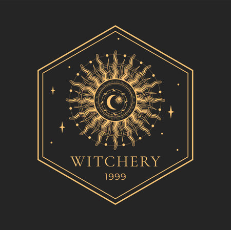 Witchcraft, magic and alchemy, astrology icon. Moon crescent and sun or star mason magic emblem or seal. Tarot ancient symbol, occultism icon, esoteric and witchcraft spiritual sign or emblemのイラスト素材