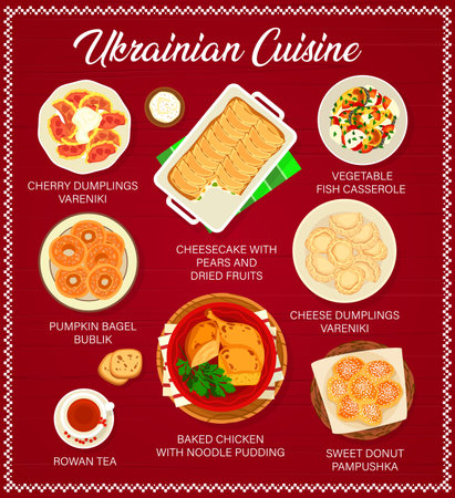 Ukrainian cuisine vector menu with vegetable, meat and fish food. Traditional meal dishes of cheese and cherry dumplings, baked chicken with noodle pudding, sweet donut, pumpkin bagel and cheesecakeのイラスト素材