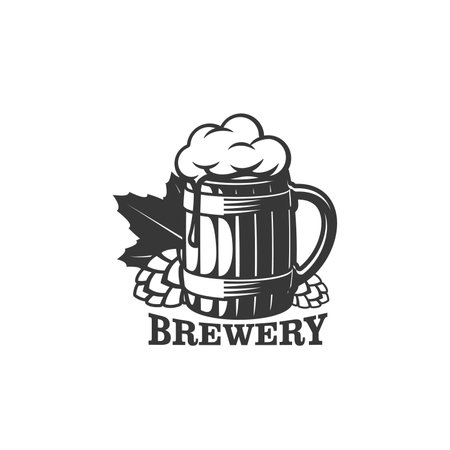 Beer brewery icon, pint mug and hop, craft beer or brewing company vector label. Beer bar or pub emblem, alcohol drinks and beverages sign of  beer in pintのイラスト素材