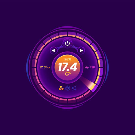 Thermostat screen, smart thermometer control dial. Home climate, heating and conditioning system vector UI panel, app icon or screen control panel, thermostat temperature controller display buttonのイラスト素材
