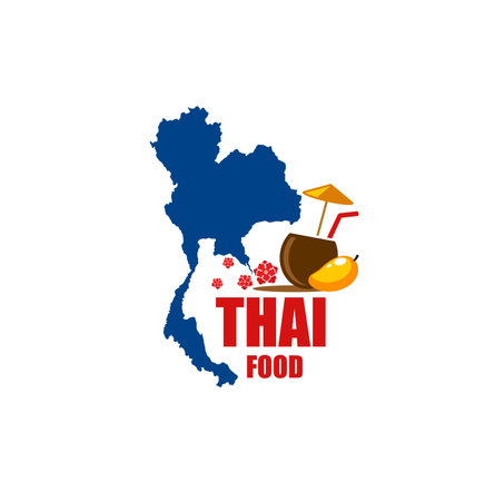 Thai food restaurant icon. Thailand cuisine cafe, asian country travel tour or trip vector symbol with sign map, territory silhouette, mango fruit and cocktail drink in coconutのイラスト素材