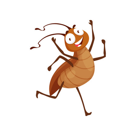 Cartoon cockroach character, happy joyful bug run with raised arms and smiling face. Isolated vector funny insect creature, game or book personageのイラスト素材