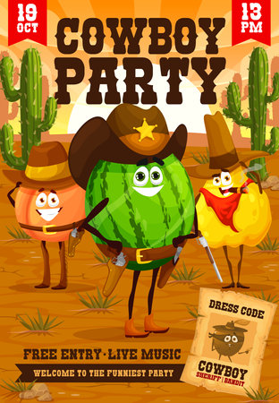 Western kids party flyer, cartoon fruit cowboy, ranger, sheriff and robber characters. Vector wild west personages cute apricot, watermelon and quince punchers with guns and hats in desert with cactiのイラスト素材
