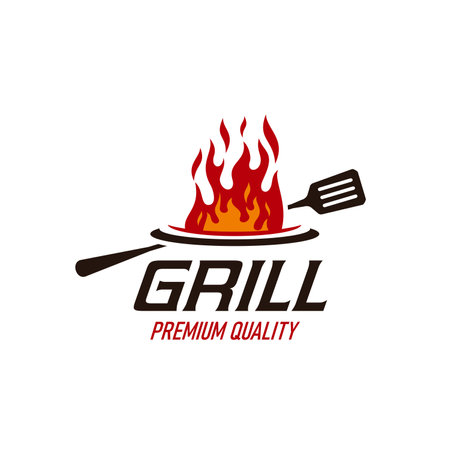 BBQ grill icon of fire flame and spatula, barbecue steak restaurant vector emblem. BBQ grill flame symbol for cuisine menu or barbeque cooking party, meat bar and butchery premium quality signのイラスト素材