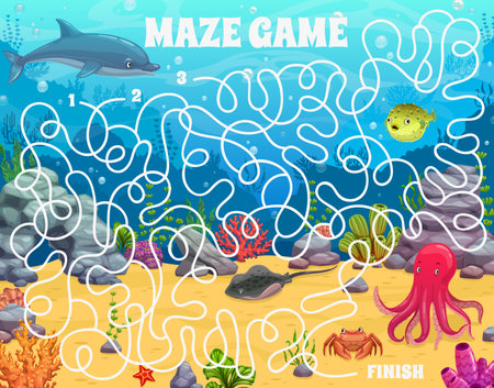 Labyrinth maze cartoon underwater landscape and animals. Kids vector board game worksheet with dolphin, octopus, puffer fish and crab on seafloor with corals and seaweeds. Educational children riddleのイラスト素材