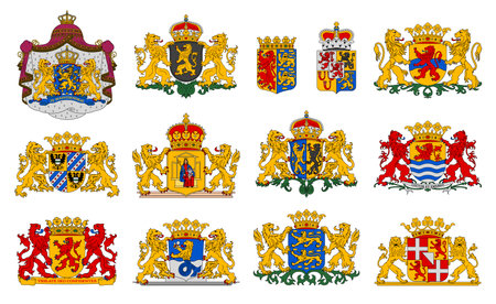 Netherlands coat of arms, provinces heraldic emblems and dutch heraldry, vector blazons. Netherlands provinces coat of arms or official heraldic symbols with lions and monarch crown on shieldsのイラスト素材