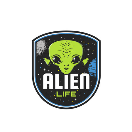 Alien life icon. Space and galaxy exploration, cosmos research and Sci Fi monster vector badge, retro sticker or emblem with humanoid alien, extraterrestrial creature green face, planets and starsのイラスト素材