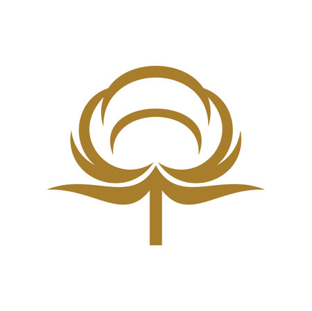 Cotton icon, natural textile label. Plant farm or agricultural company vector symbol or graphic emblem. Clothing fabric, eco material icon or sign with cotton flower, bloom and leavesのイラスト素材