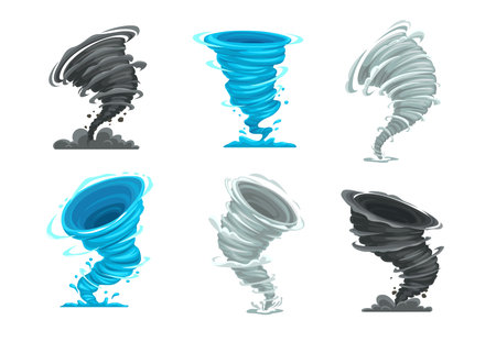 Cartoon tornado storm or cyclone hurricane twister, vector whirlwind or wind funnel. Cartoon tornado swirl or typhoon windstorm, thunderstorm hurricane twist with windy cloud twirl of air vortexのイラスト素材