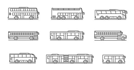 City, travel and school bus line icons. Passenger transportation, urban transport outline vector symbols or thin line pictograms with contemporary school, doubledecker and articulated busesのイラスト素材