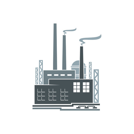 Factory icon, industrial plant monochrome symbol or sign. Refinery industrial building, manufacturing, heavy industry monochrome vector symbol or minimal icon with factory or plant pipeline, chimneyのイラスト素材