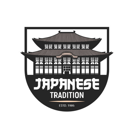 Japanese temple icon. Asian journey retro vector badge or vintage emblem, Buddhism or Shinto religion temple, palace, monastery or nunnery pagoda building, Japan travel architecture attraction signのイラスト素材