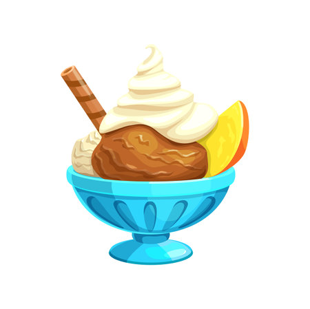 Cartoon ice cream in bowl with waffle stick and citrus fruit slice. Isolated vector sweet cream and chocolate dessert, icecream in cup, dairy product, cold delicious food portionのイラスト素材