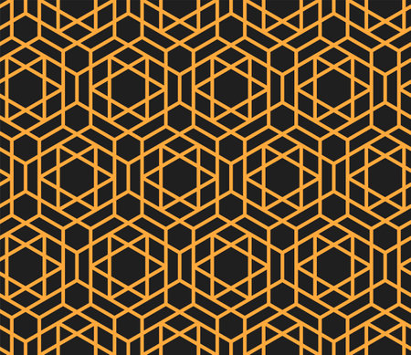 Arabesque arabic seamless pattern. Mashrabiya islamic backdrop. Moroccan or turkish ethnic ornaments, mashrabiya arabic pattern, textile or fabric oriental print with gold lines on black backgroundのイラスト素材