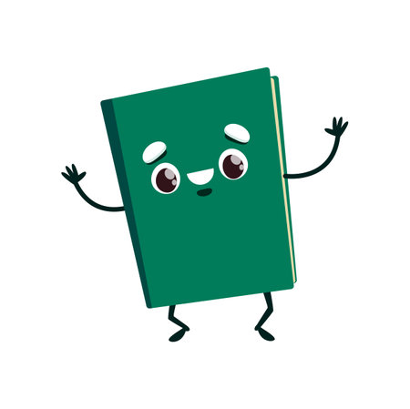 Cartoon textbook character in green cover. Book, notebook or bestseller kids educational character. Isolated vector school dictionary, fairytale, library volume laugh and waving hands. Cute happy bookのイラスト素材