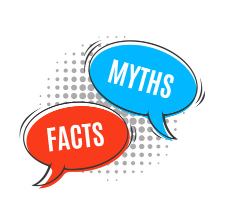 Myths vs facts icon, truth and false, fake versus true, fiction opposite reality vector speech bubbles on pop art halftone background. True or false game, fact checking and myth busting quiz badgeのイラスト素材