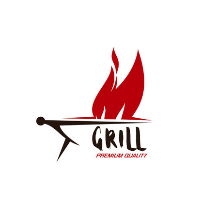 BBQ grill icon. Barbeque equipment shop sign, cooking tools store vector emblem or symbol, butchery, bar or restaurant icon with barbeque charcoal grill, red fire flames and grungy typographyのイラスト素材
