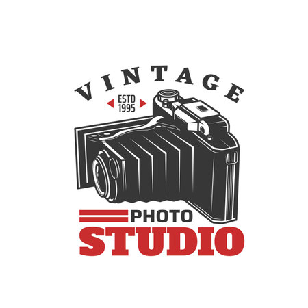 Photo studio icon with vintage photo camera, vector old equipment of photographer, retro photography optical device. Isolated antique folding camera with lens board, shutter and unfolded bellowsのイラスト素材
