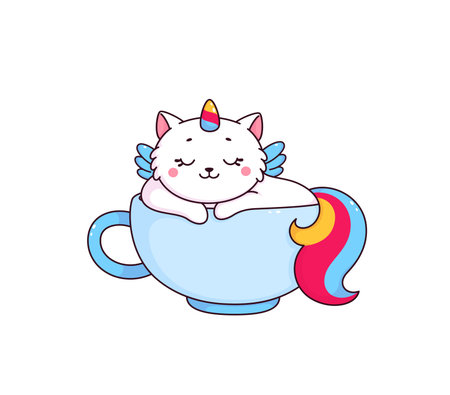 Cartoon cute caticorn character in tea cup. Vector white unicorn cat with relaxed smiling face sitting in ceramic mug. Funny fairytale kitty dream or nap, magic kitten personage with horn and wingsのイラスト素材