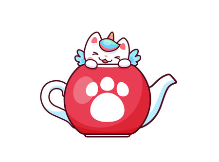 Cartoon cute kawaii caticorn character in teapot. Vector white unicorn cat with smiling face sitting in ceramic kettle with paw print. Magic kitten personage with horn and wings. Funny fairytale kittyのイラスト素材