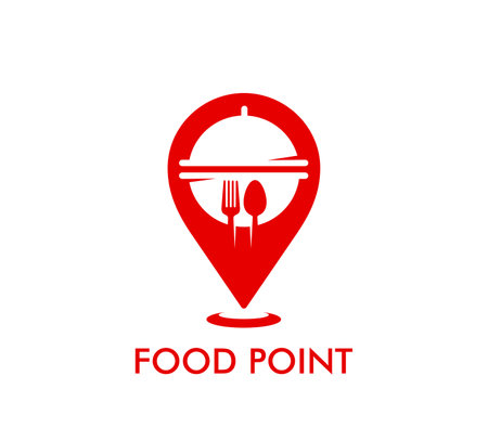 Restaurant, road cafe icon. Food delivery service direction mark, food point position point or cafeteria place pin vector symbol. Shop destination spot sign with cloche cover or lid, spoon and forkのイラスト素材