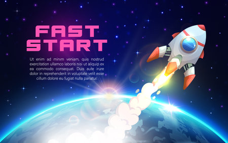 Rocket launch, fast business start up theme. Spaceship on earth orbit. Vector spacecraft engine takeoff, cartoon shuttle with trail starting from planet to dark starry sky. Project success boosterのイラスト素材