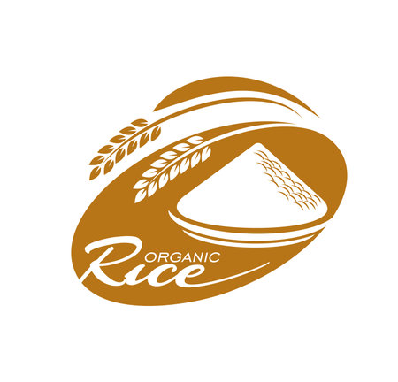 Organic rice farming icon. Natural cereal products shop or store, healthy food market, agriculture company or cereal growth organic farm vector sign, symbol with rice grains in plate, ear and leaves,のイラスト素材