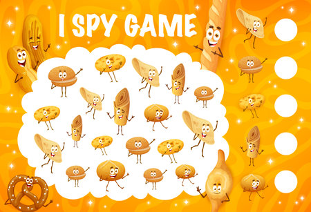 Cartoon bakery, pastry and bread characters. I spy game worksheet. Child counting puzzle, calculation vector quiz with barbari, marraqueta, baguette and tortilla, pretzel, cunape bun pastry personagesのイラスト素材