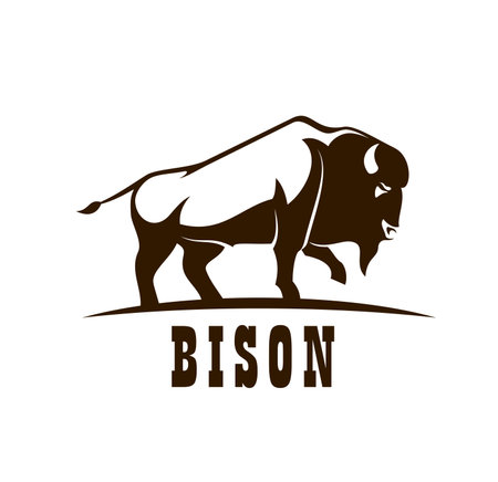 Bison buffalo animal icon. Hunting club, zoo or business company vector emblem with American prairie animal, strong wild bull. Rodeo event mascot or symbol with bison buffaloのイラスト素材