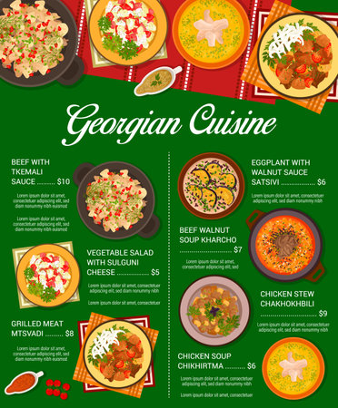 Georgian cuisine restaurant meals menu. Eggplant with sauce satsivi, meat Mtsvadi, beef Kharcho and soup Chikhirtma, beef with Tkemali sauce and salad with sulguni cheese, chicken stew Chakhokhbiliのイラスト素材
