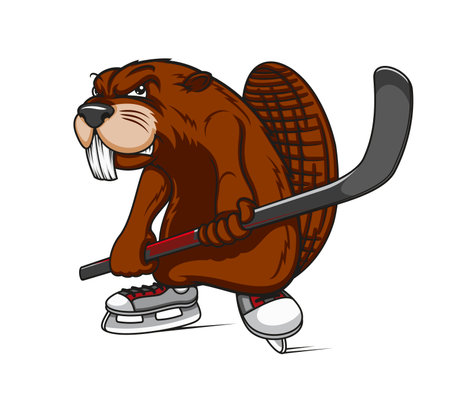Cartoon beaver ice hockey player mascot. Sport team animal symbol, game league competition tournament isolated vector mascot, angry beaver wearing skates and holding ice hockey stickのイラスト素材