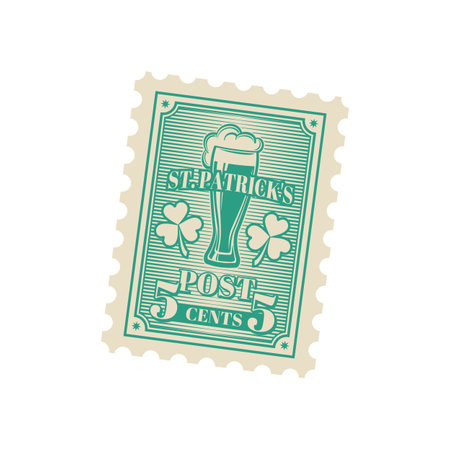 Saint Patrick day mail antique postcard postage stamp. Saint Patrick day celebration greeting card, Ireland holiday correspondence letter vector perforated postage stamp with beer glass, clover leafのイラスト素材