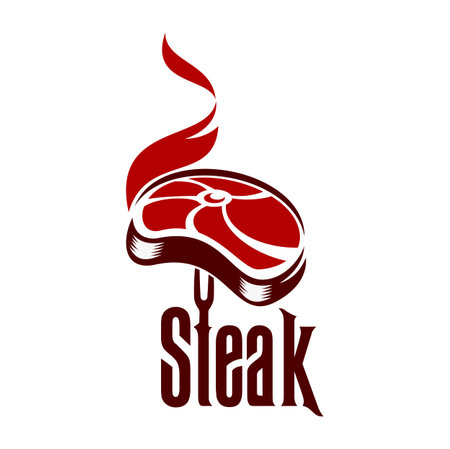 Steak grill icon, barbecue symbol. Butcher store beefsteak, restaurant BBQ grill or steakhouse meat vector emblem. Butchery gourmet sign or symbol with hot steak meat on grilling forkのイラスト素材