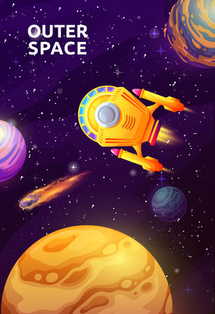 Starship in starry galaxy, space landscape. Vector futuristic poster with shuttle engine or spacecraft travel in Universe explore alien planets, stars and asteroids. Cosmic exploration mission, tripのイラスト素材