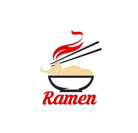 Japanese ramen restaurant icon. Chinese fast food meal, Japanese cafe or oriental cuisine restaurant menu vector icon. Asian ramen noodles bar symbol or sign with hot noodles bowl and chopsticksのイラスト素材