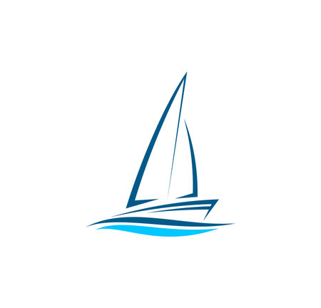 Yacht boat, sea leisure icon. Ocean cruise journey, ship transportation service or water transport company minimalistic vector emblem. Yachting club simple icon or symbol with sail boat, water wavesのイラスト素材