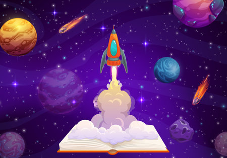 Opened book and rocket launch, business start up. Vector starship take off with cloud trail on starry space background. Startup project boost, interstellar travel in Universe, way to success conceptのイラスト素材