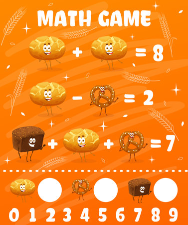Cartoon bread and bakery characters. Math game worksheet. Kids education riddle, mathematics puzzle vector worksheet with addition and subtraction task and corn broa, pretzel, rye bread personagesのイラスト素材