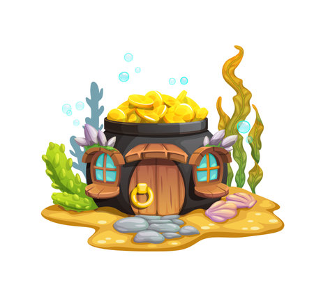 Cartoon underwater golden pot fairy house. Vector creative fantasy dwelling, mermaid or fish home inside of cauldron with gold coins on ocean bottom with sand, paved pathway, shells and seaweedsのイラスト素材