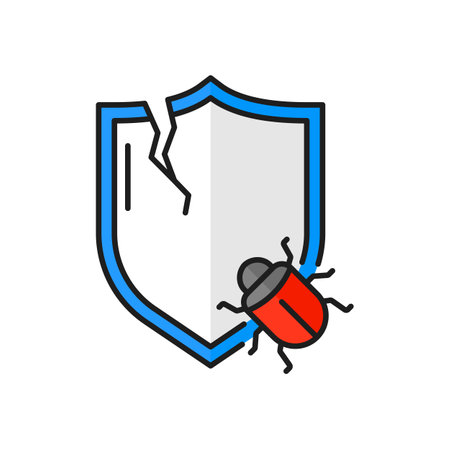 Broken shield and computer bug color line icon for mobile concept and web design. Virus and cyber attack alert, stealing personal informationのイラスト素材