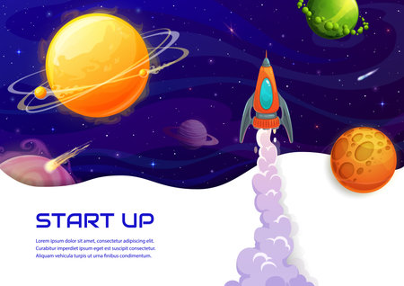 Space landing page. Cartoon rocket spaceship launch and galaxy planets. Business project social media vector homepage with taking off spaceship, fantastic planets and asteroids flying in outerspaceのイラスト素材