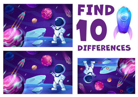 Find ten differences cartoon astronaut on space planet surface. Vector worksheet, kids board game with funny cosmonaut and spaceship. Educational puzzle brainteaser for children recreation and funのイラスト素材