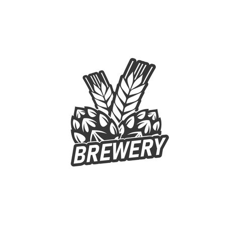 Beer brewery icon of homebrew craft beer bar or pub, vector hop and wheat label. Beer brewery sign of alcohol drinks and beverages factory or tavern and beer festival emblemのイラスト素材