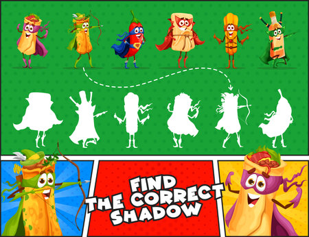 Find the correct shadow of mexican food superhero characters retro comics. Kids vector matching game worksheet with enchiladas, burrito, chili pepper and tamales, churros or tequila meals superheroのイラスト素材