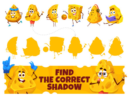 Cartoon maasdam and gouda cheese characters, find the correct shadow game worksheet. Kids vector matching game with funny cheesy personages sing, exercise, listen music, reading book and playing ballのイラスト素材