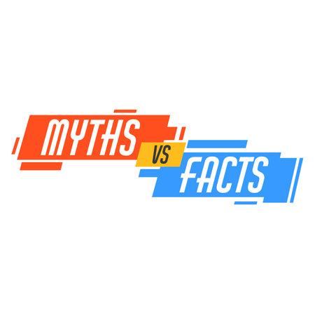 Myths vs facts icon. Truth or false fact checking, myth busting quiz vector badge. True versus lie, fiction and reality evidence comparison isolated symbol with red and blue geometric patternのイラスト素材