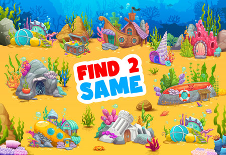 Find two same cartoon underwater building on bottom. Vector educational children riddle, worksheet for leisure activity with treasure chest, sunken boat, coral, conch and ship. Submarine, ruins, rockのイラスト素材