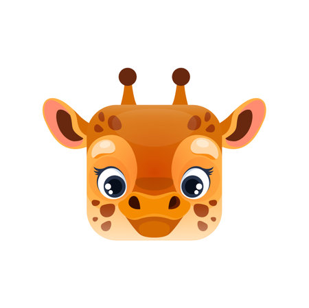Cartoon giraffe kawaii square animal face, african baby giraffe, cute little cub portrait. Isolated vector character, safari or zoo avatar personage. App button, icon, graphic design elementのイラスト素材