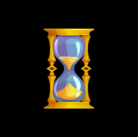 Magic sand glass clock. Isolated sandglass, hourglass. Cartoon vector vintage golden watches ancient...